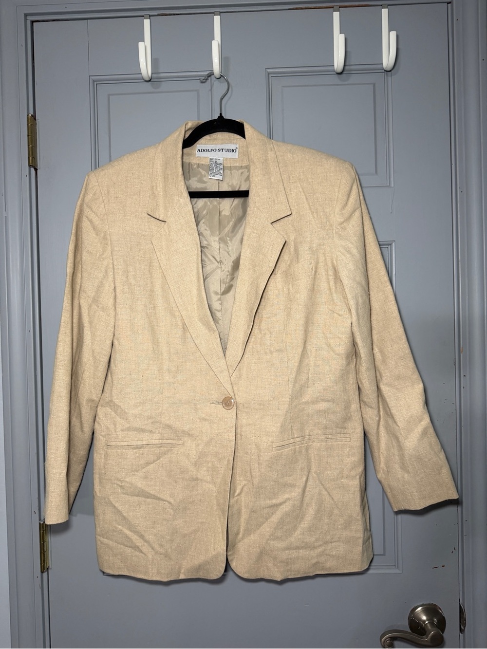Vintage 90’s linen blend Adolfo Beige Single-Button Women's Blazer